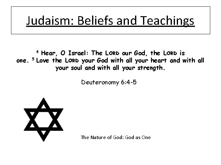 Judaism: Beliefs and Teachings Hear, O Israel: The LORD our God, the LORD is