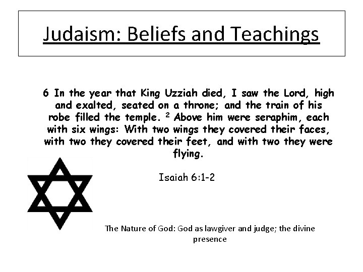 Judaism: Beliefs and Teachings 6 In the year that King Uzziah died, I saw