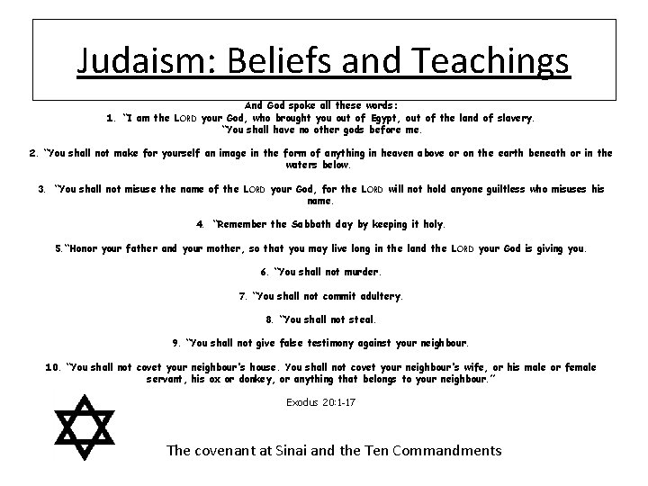 Judaism: Beliefs and Teachings And God spoke all these words: 1. “I am the