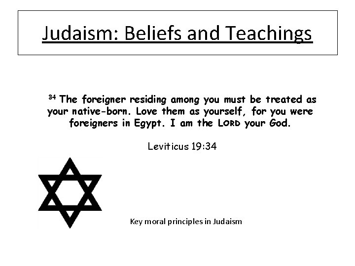 Judaism: Beliefs and Teachings The foreigner residing among you must be treated as your