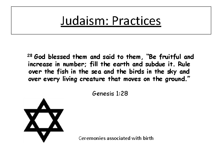 Judaism: Practices God blessed them and said to them, “Be fruitful and increase in