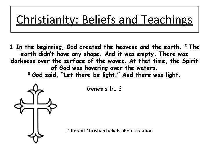 Christianity: Beliefs and Teachings 1 In the beginning, God created the heavens and the