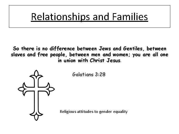Relationships and Families So there is no difference between Jews and Gentiles, between slaves