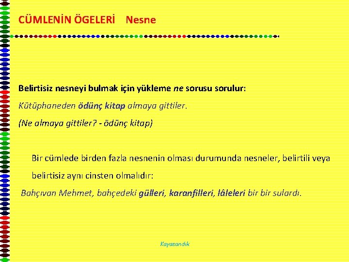 CÜMLENİN ÖGELERİ Nesne Belirtisiz nesneyi bulmak için yükleme ne sorusu sorulur: Kütüphaneden ödünç kitap