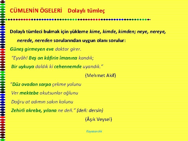 CÜMLENİN ÖGELERİ Dolaylı tümleç Dolaylı tümleci bulmak için yükleme kime, kimden; neye, nerede, nereden