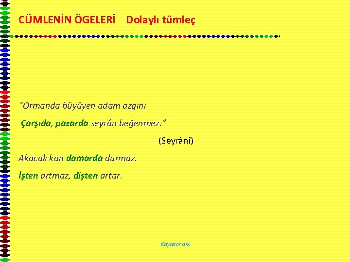 CÜMLENİN ÖGELERİ Dolaylı tümleç “Ormanda büyüyen adam azgını Çarşıda, pazarda seyrân beğenmez. ” (Seyrânî)