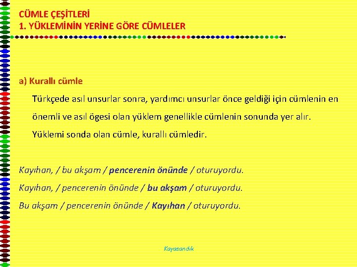 CÜMLE ÇEŞİTLERİ 1. YÜKLEMİNİN YERİNE GÖRE CÜMLELER a) Kurallı cümle Türkçede asıl unsurlar sonra,