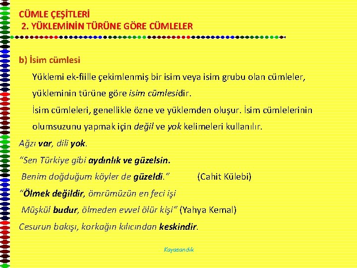 CÜMLE ÇEŞİTLERİ 2. YÜKLEMİNİN TÜRÜNE GÖRE CÜMLELER b) İsim cümlesi Yüklemi ek-fiille çekimlenmiş bir