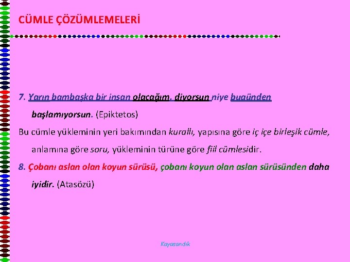 CÜMLE ÇÖZÜMLEMELERİ 7. Yarın bambaşka bir insan olacağım, diyorsun niye bugünden başlamıyorsun. (Epiktetos) Bu