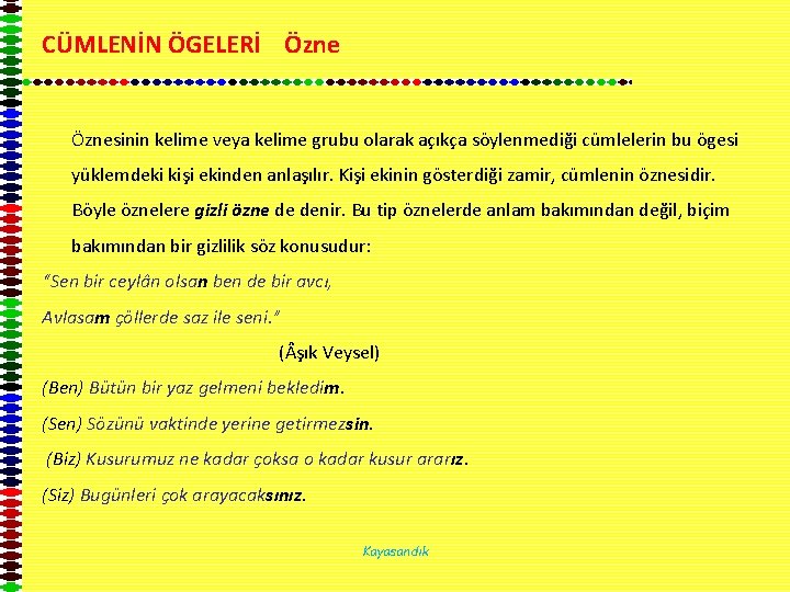 CÜMLENİN ÖGELERİ Öznesinin kelime veya kelime grubu olarak açıkça söylenmediği cümlelerin bu ögesi yüklemdeki