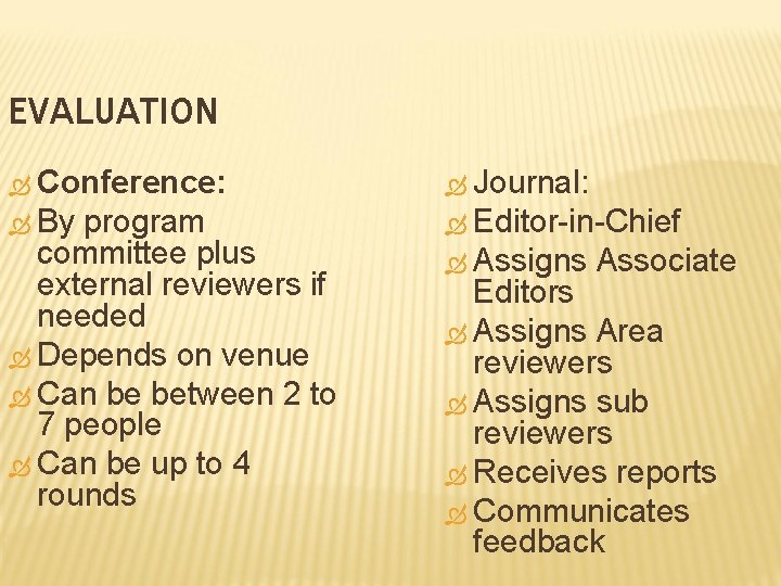 EVALUATION Conference: Journal: By Editor-in-Chief program committee plus external reviewers if needed Depends on