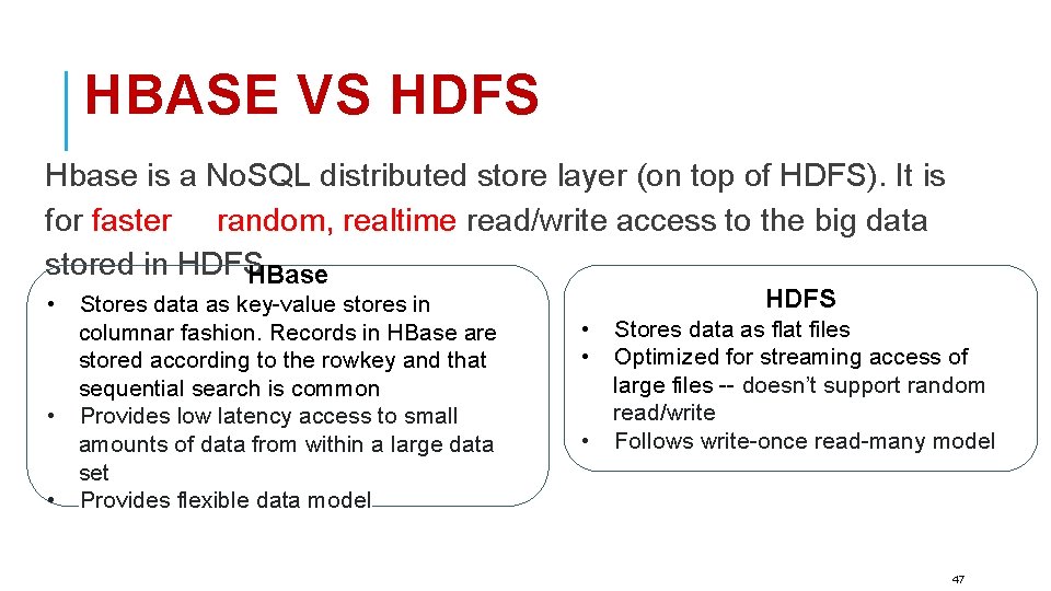 HBASE VS HDFS Hbase is a No. SQL distributed store layer (on top of