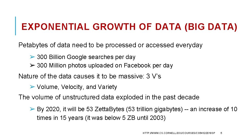 EXPONENTIAL GROWTH OF DATA (BIG DATA) Petabytes of data need to be processed or