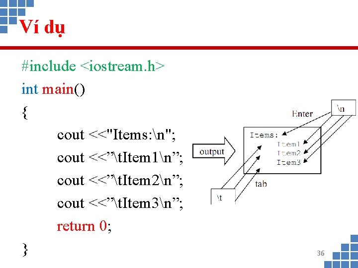 Ví dụ #include <iostream. h> int main() { cout <<"Items: n"; cout <<”t. Item