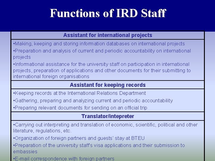 Functions of IRD Staff Assistant for international projects • Making, keeping and storing information