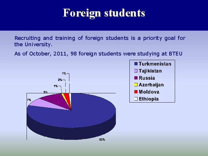 Foreign students Recruiting and training of foreign students is a priority goal for the