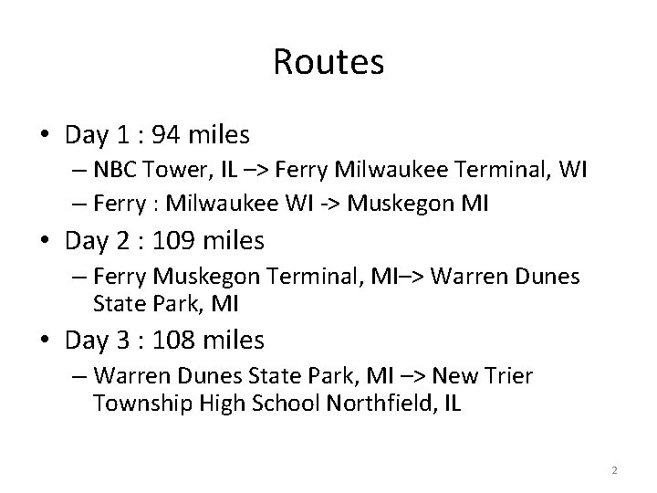 Routes • Day 1 : 94 miles – NBC Tower, IL –> Ferry Milwaukee