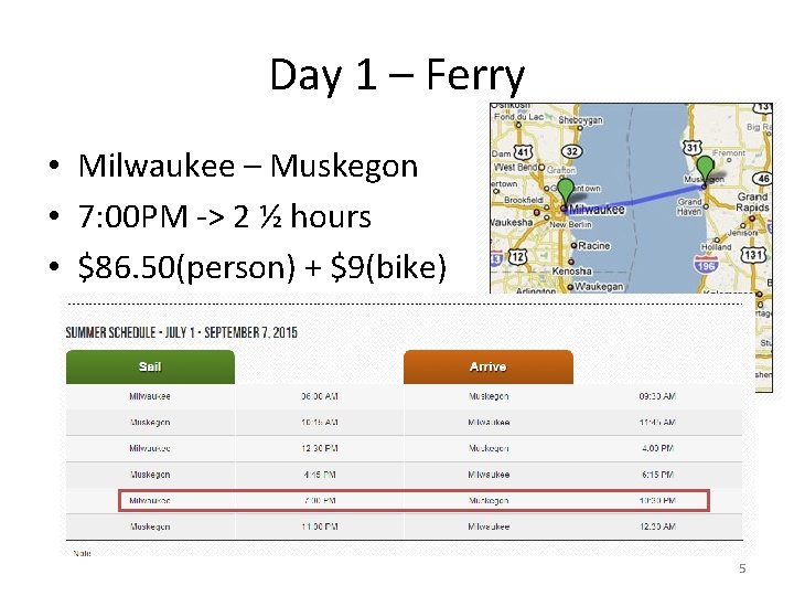 Day 1 – Ferry • Milwaukee – Muskegon • 7: 00 PM -> 2
