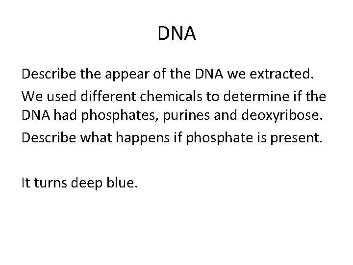 DNA Describe the appear of the DNA we extracted. We used different chemicals to