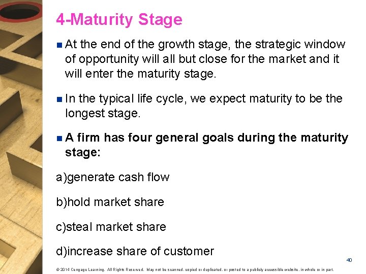 4 -Maturity Stage n At the end of the growth stage, the strategic window