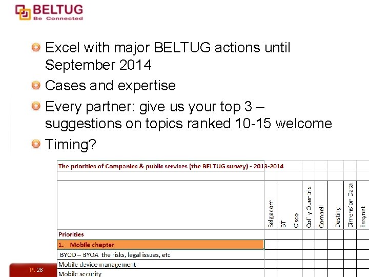 Excel with major BELTUG actions until September 2014 Cases and expertise Every partner: give