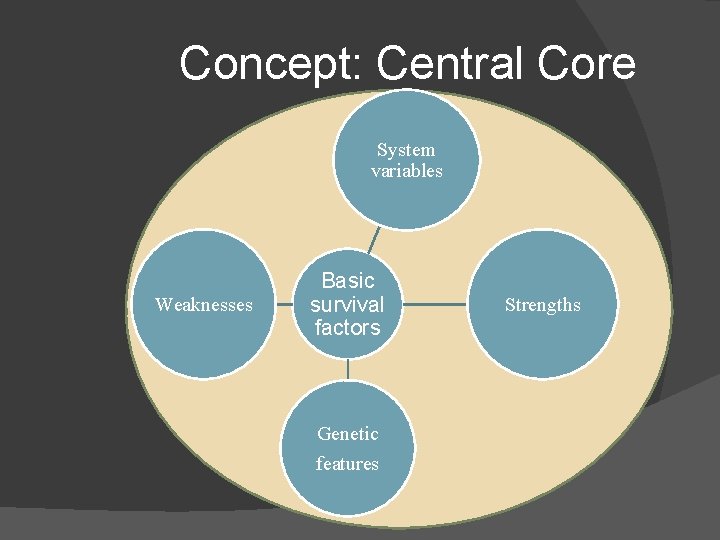 Concept: Central Core System variables Weaknesses Basic survival factors Genetic features Strengths 