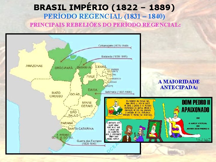 BRASIL IMPÉRIO (1822 – 1889) PERÍODO REGENCIAL (1831 – 1840) PRINCIPAIS REBELIÕES DO PERÍODO