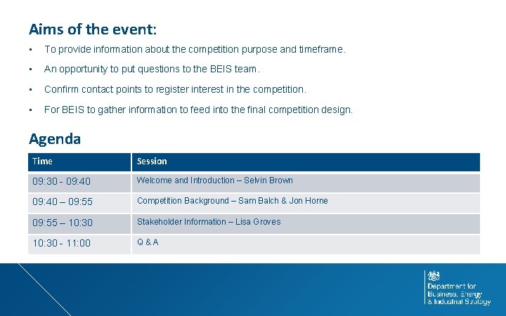 Aims of the event: • To provide information about the competition purpose and timeframe.