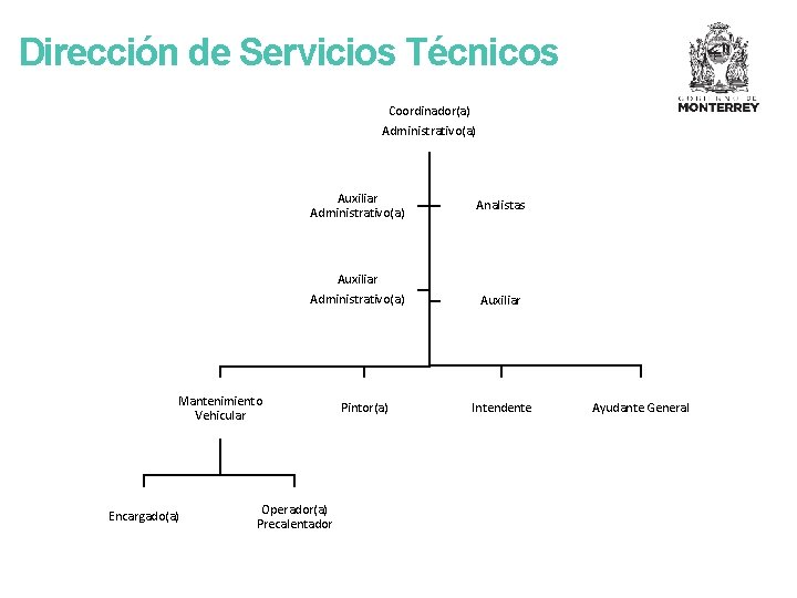 Dirección de Servicios Técnicos Coordinador(a) Administrativo(a) Auxiliar Administrativo(a) Mantenimiento Vehicular Encargado(a) Operador(a) Precalentador Pintor(a)