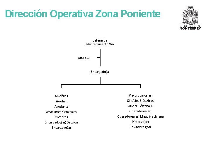 Dirección Operativa Zona Poniente Jefe(a) de Mantenimiento Vial Analista Encargado(a) Albañiles Auxiliar Ayudantes Generales