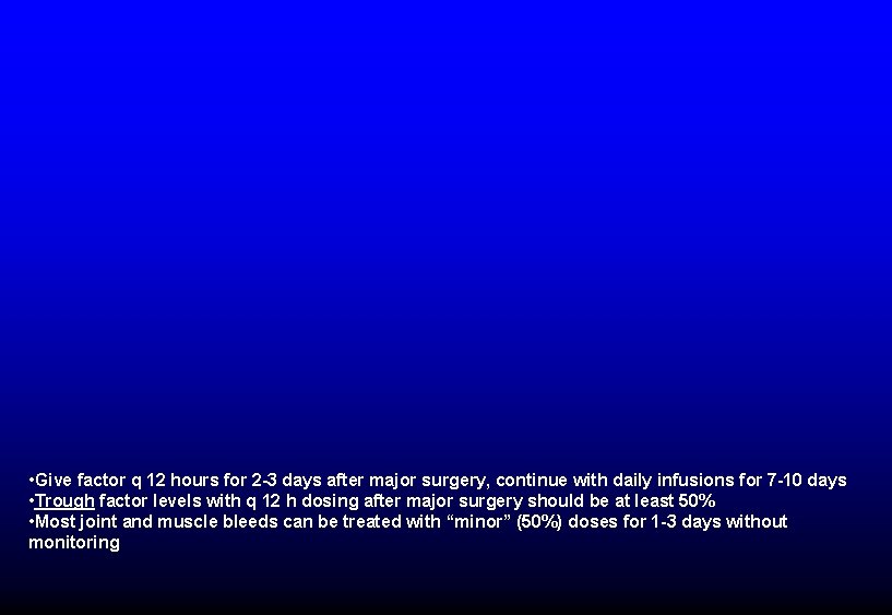  • Give factor q 12 hours for 2 -3 days after major surgery,