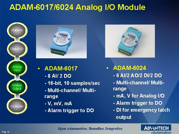 ADAM-6017/6024 Analog I/O Module Platform Digital I/O Analog Input Analog Output Controller Page 10