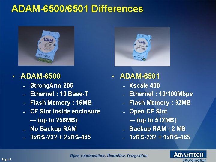 ADAM-6500/6501 Differences • ADAM-6500 – – – Page 13 Strong. Arm 206 Ethernet :