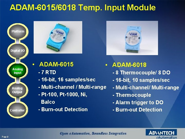 ADAM-6015/6018 Temp. Input Module Platform Digital I/O Analog Input Analog Output Controller Page 9