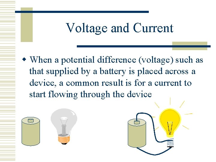 Voltage and Current w When a potential difference (voltage) such as that supplied by