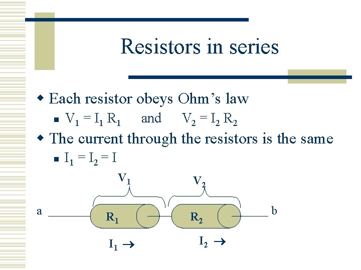 Resistors in series w Each resistor obeys Ohm’s law n V 1 = I