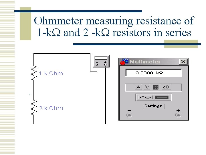 Ohmmeter measuring resistance of 1 -k and 2 -k resistors in series 