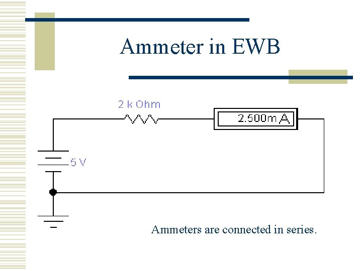 Ammeter in EWB Ammeters are connected in series. 