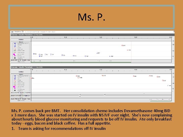 Ms. P. comes back pre BMT. Her consolidation chemo includes Dexamethasone 40 mg BID