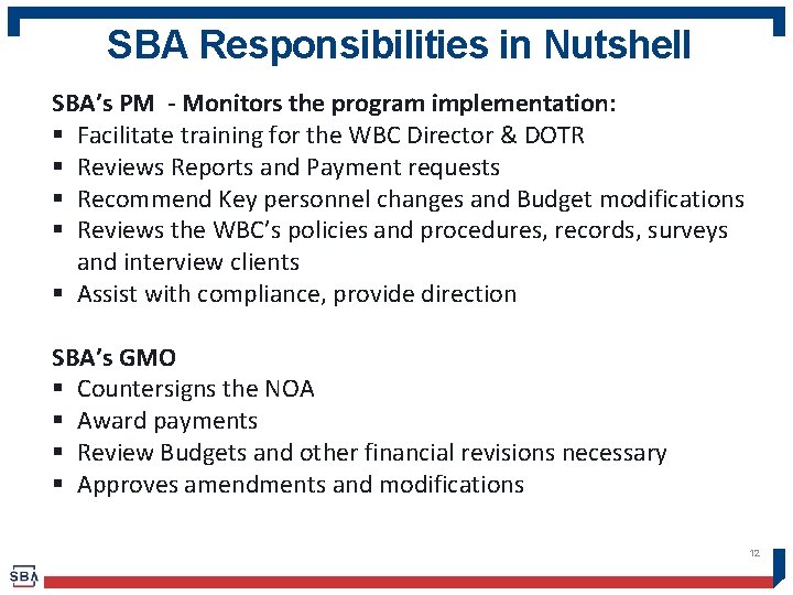 SBA Responsibilities in Nutshell SBA’s PM - Monitors the program implementation: § Facilitate training