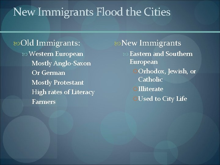 New Immigrants Flood the Cities Old Immigrants: Western European Mostly Anglo-Saxon Or German Mostly