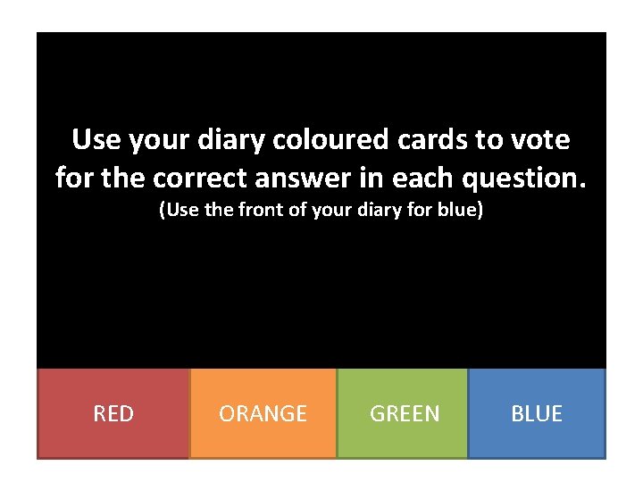 Use your diary coloured cards to vote for the correct answer in each question.