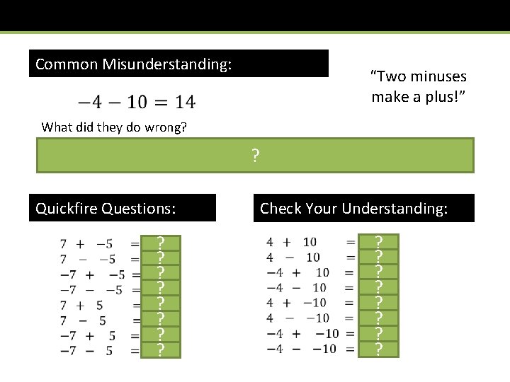 Common Misunderstanding: “Two minuses make a plus!” What did they do wrong? Two minuses