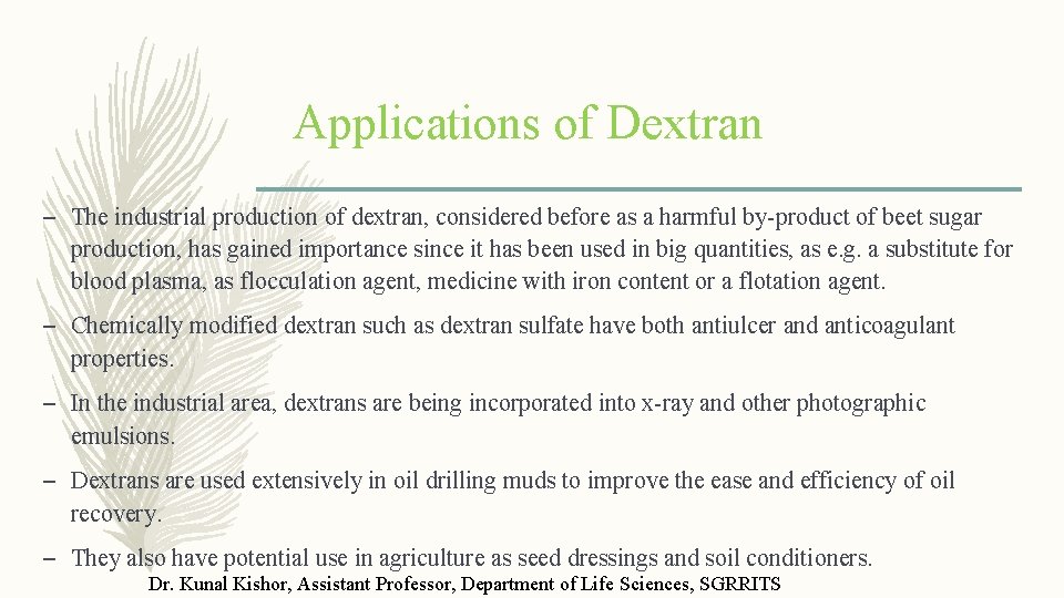 Applications of Dextran – The industrial production of dextran, considered before as a harmful