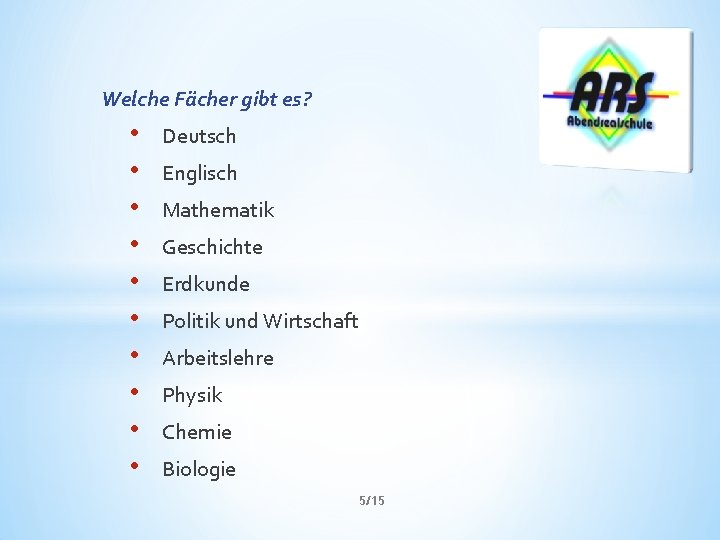 Welche Fächer gibt es? • • • Deutsch Englisch Mathematik Geschichte Erdkunde Politik und