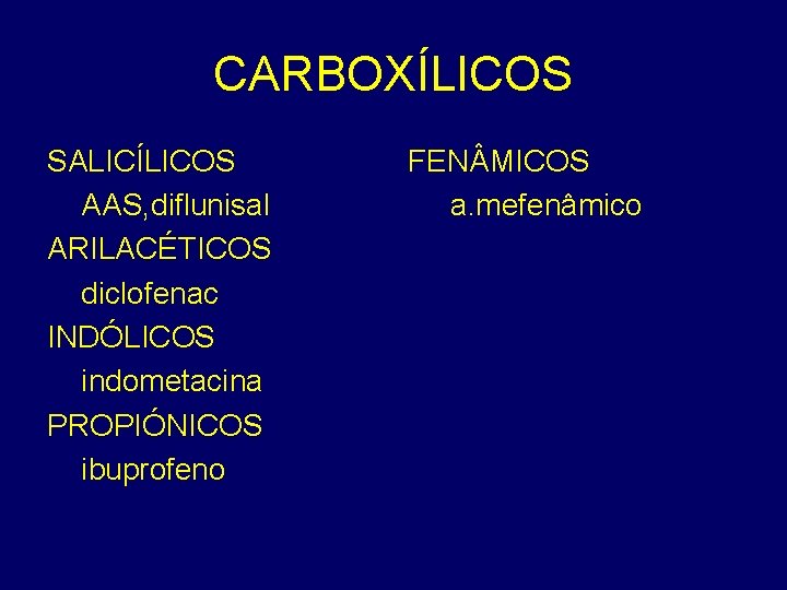 CARBOXÍLICOS SALICÍLICOS AAS, diflunisal ARILACÉTICOS diclofenac INDÓLICOS indometacina PROPIÓNICOS ibuprofeno FEN MICOS a. mefenâmico