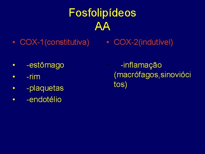 Fosfolipídeos AA • COX-1(constitutiva) • COX-2(indutível) • • • -estômago -rim -plaquetas -endotélio -inflamação