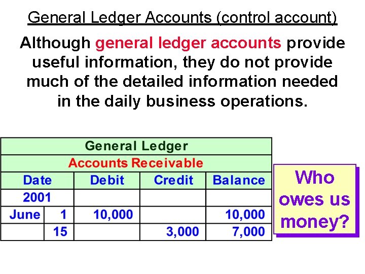 General Ledger Accounts (control account) Although general ledger accounts provide useful information, they do