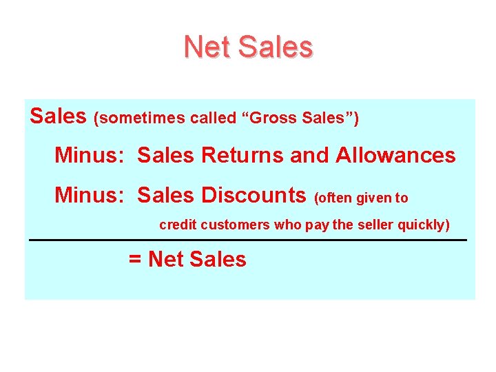 Net Sales (sometimes called “Gross Sales”) Minus: Sales Returns and Allowances Minus: Sales Discounts