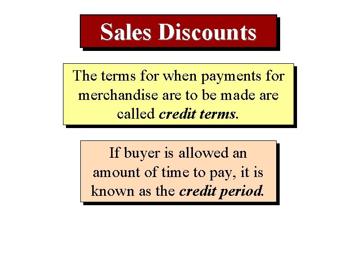 Sales Discounts The terms for when payments for merchandise are to be made are